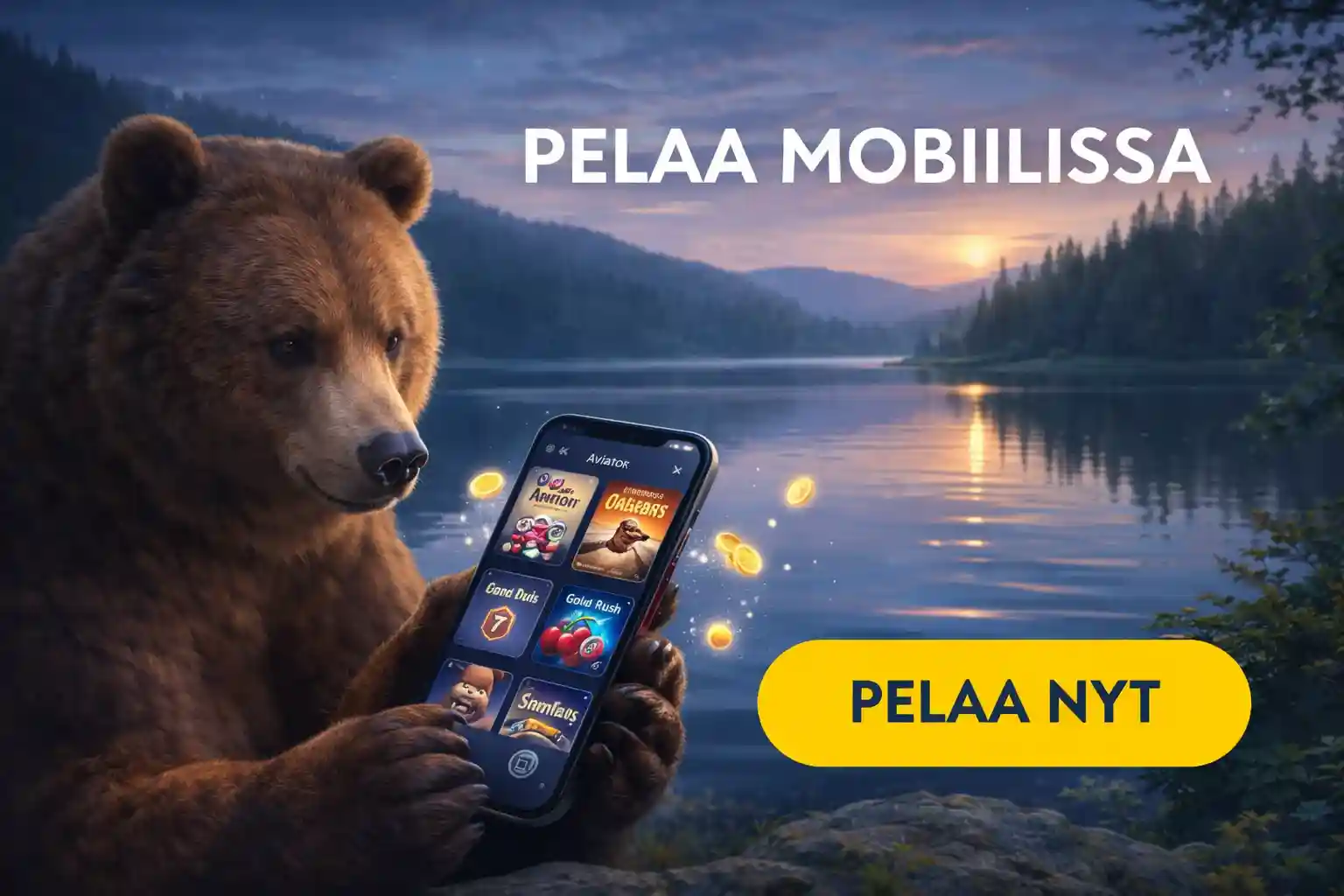 Karhu käyttää mobiilikasinoa järvimaisemassa Suomessa