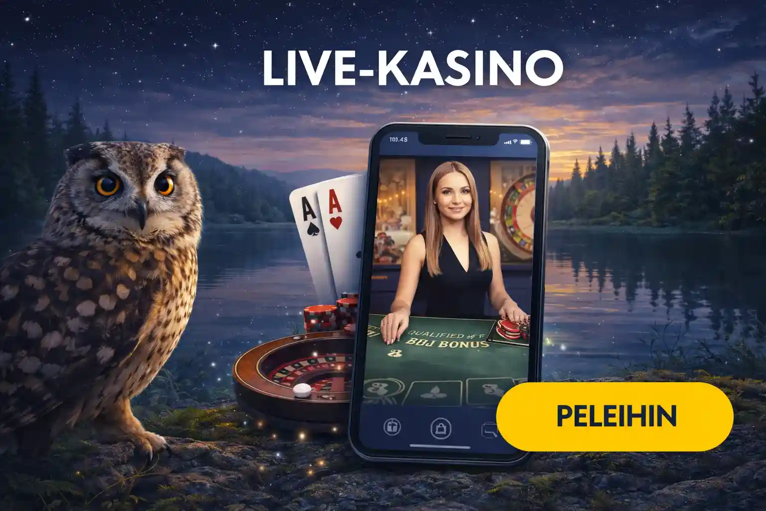 Pöllö seuraa live kasinoa mobiililaitteella järven rannalla