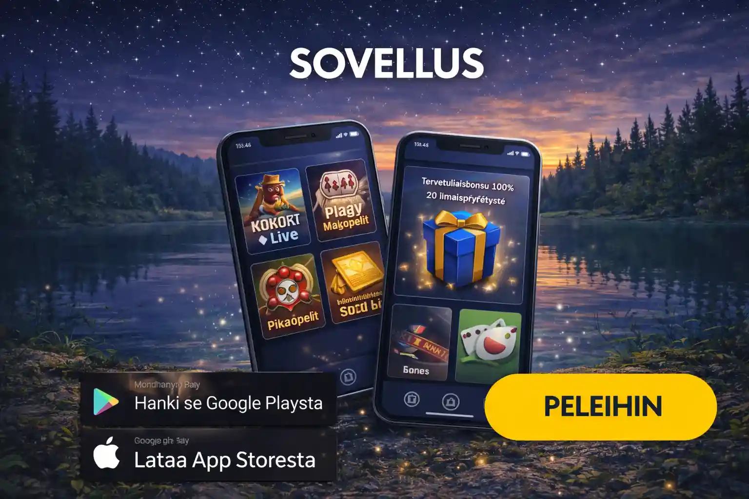 Kaksi mobiililaitetta näyttävät kasinosovelluksen latausvaihtoehdot Suomessa